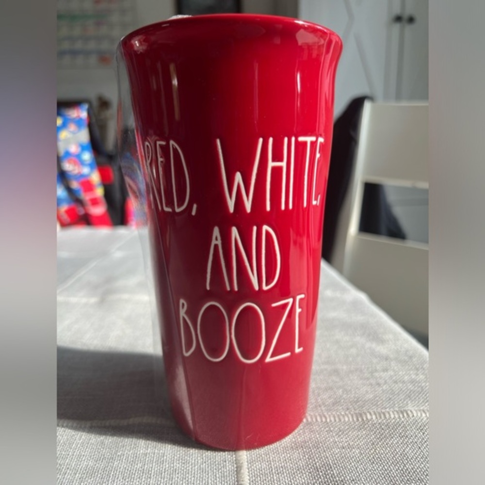 RAE DUNN Red white and booze ceramic travel mug